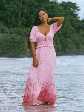 Billabong Sweet On You Sundaze Maxi Dress Pink Floral Plunge Puff Short Sleeve